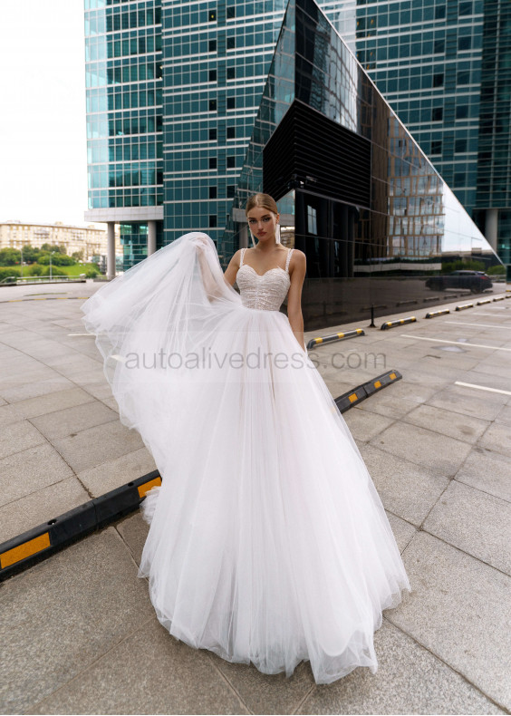 Thin Straps Ivory Lace Tulle Wedding Dress